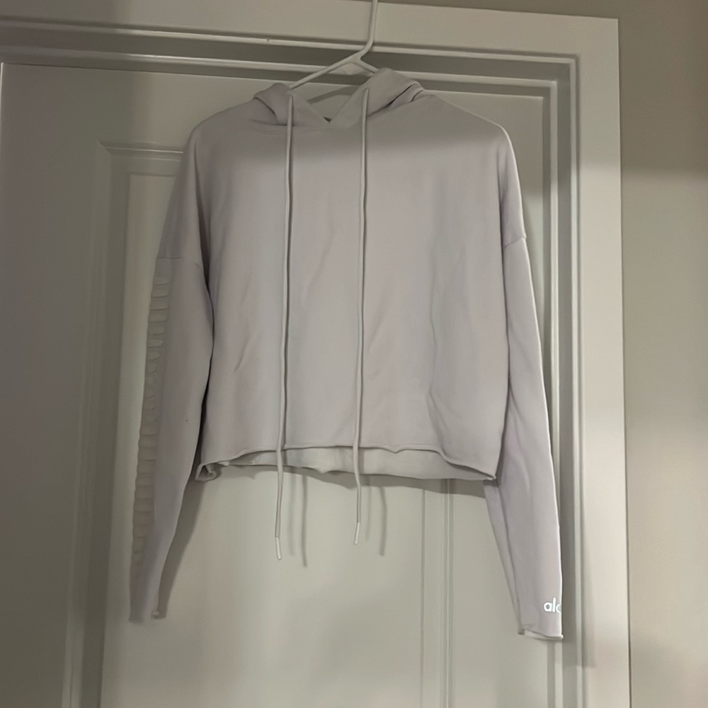 ALO Yoga Cropped Hooded Sweatshirt White Beaded Arm Accents Size XS